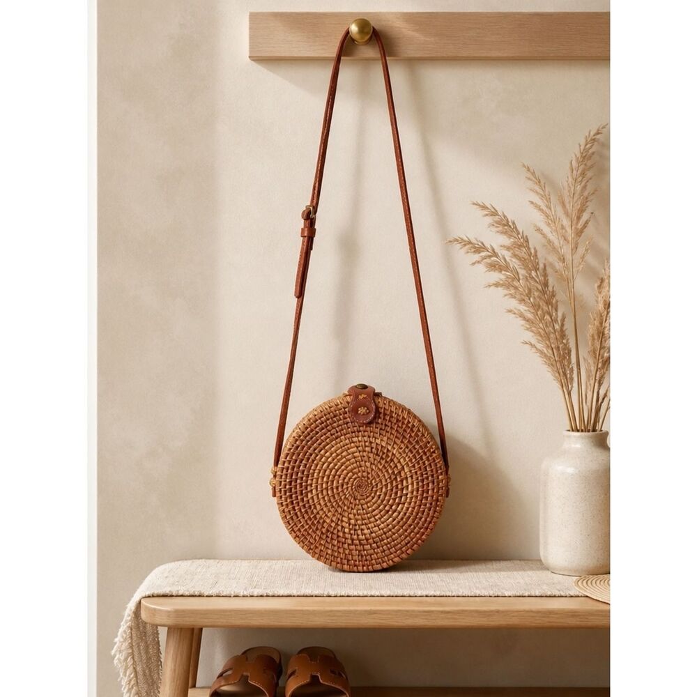 Handwoven Round Crossbody Bag in Tan